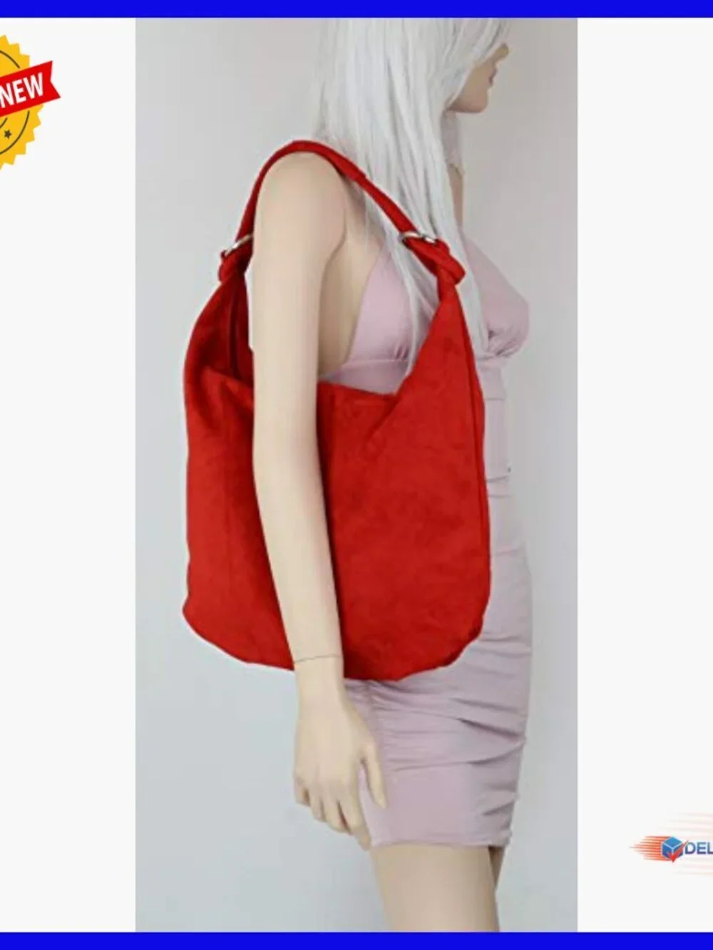 Oversized Genuine Suede Leather Hobo Shoulder Bag with Zipper